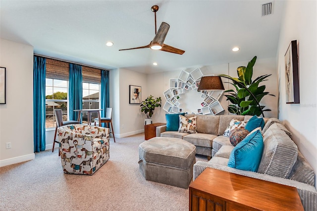 18469 Purple Creek Ln, Lutz, FL 33549 - living area featuring ceiling fan, carpet flooring, and recessed lighting
