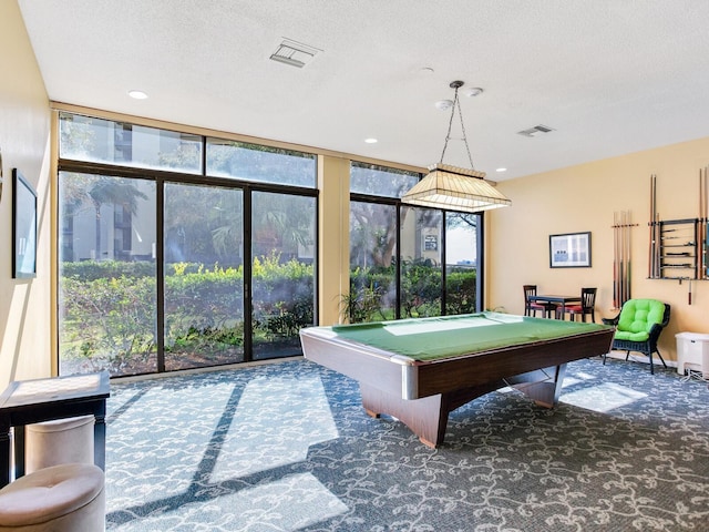 660 Island Way Unit 703, Clearwater Beach, FL 33767 - playroom with a wall of windows, carpet floors, pool table, a textured ceiling, and recessed lighting