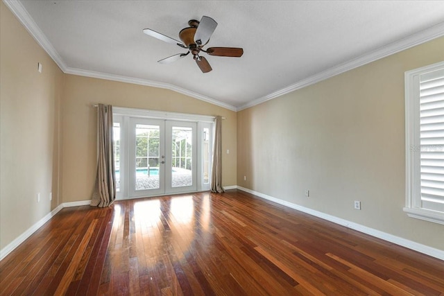 816 Sandringham Ln, Lutz, FL 33549 - empty room featuring french doors, wood-type flooring, ceiling fan, lofted ceiling, and crown molding