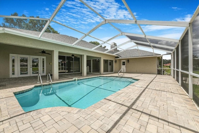 816 Sandringham Ln, Lutz, FL 33549 - outdoor pool with french doors, ceiling fan, a patio, and a lanai
