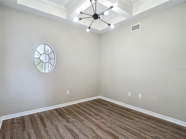 8303 Nightwalker Rd, Weeki Wachee, FL 34613 - unfurnished room featuring a chandelier, dark wood finished floors, crown molding, coffered ceiling, and beam ceiling