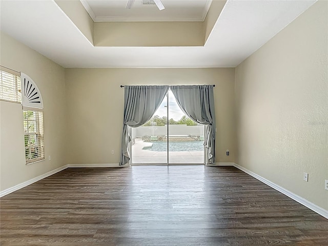 8303 Nightwalker Rd, Weeki Wachee, FL 34613 - spare room featuring plenty of natural light, dark wood-style floors, and a tray ceiling