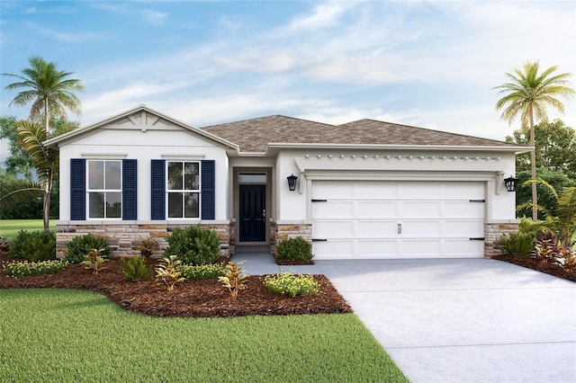 38437 Springhead Ln, Zephyrhills, FL 33540 - view of front of home with stone siding, a garage, driveway, stucco siding, and a shingled roof