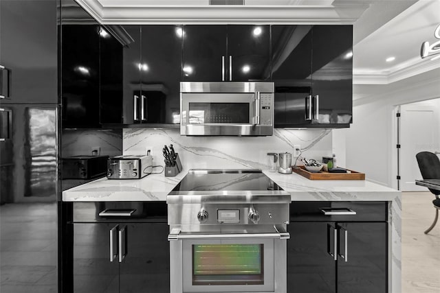 900 Oak Hollow Pl, Brandon, FL 33510 - kitchen featuring stainless steel appliances, dark cabinetry, light stone countertops, decorative backsplash, and ornamental molding