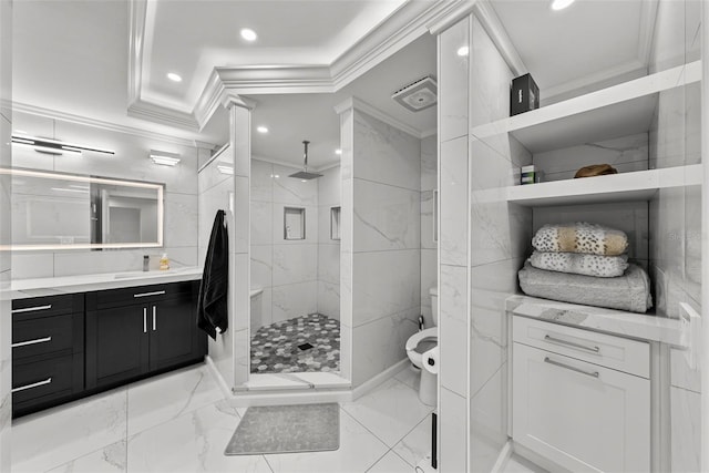 900 Oak Hollow Pl, Brandon, FL 33510 - full bath with crown molding, vanity, a marble finish shower, marble finish floors, and recessed lighting