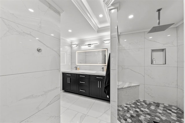 900 Oak Hollow Pl, Brandon, FL 33510 - bathroom featuring ornamental molding, double vanity, a marble finish shower, marble finish floors, and recessed lighting