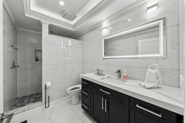 900 Oak Hollow Pl, Brandon, FL 33510 - bathroom featuring ornamental molding, vanity, marble finish floors, a marble finish shower, and tile walls