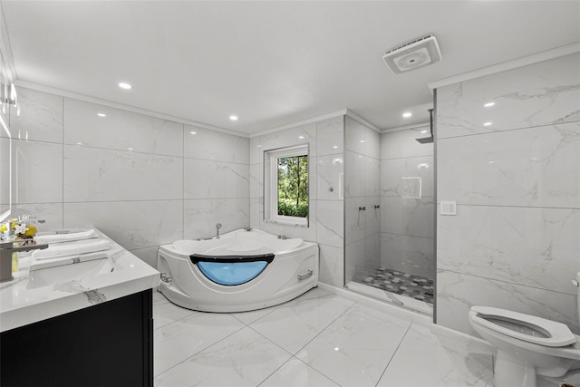 900 Oak Hollow Pl, Brandon, FL 33510 - full bath featuring tile walls, a tub, marble tiled floors, a marble finish shower, and double vanity