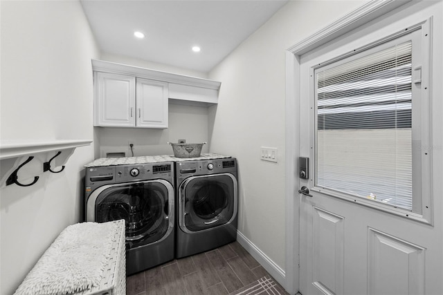 900 Oak Hollow Pl, Brandon, FL 33510 - washroom featuring cabinet space, independent washer and dryer, dark wood-type flooring, and recessed lighting