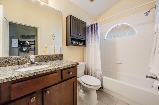19351 Haskell Pl, Land O Lakes, FL 34638 - bathroom featuring vaulted ceiling, vanity, shower / bath combo, and tile patterned floors