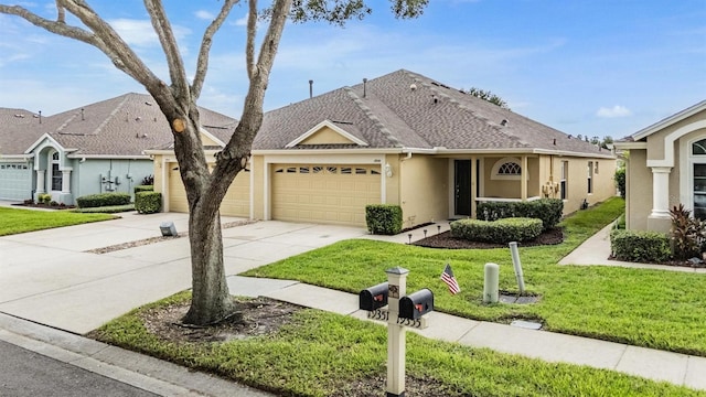 19351 Haskell Pl, Land O Lakes, FL 34638 - ranch-style house with an attached garage, stucco siding, concrete driveway, and a front lawn