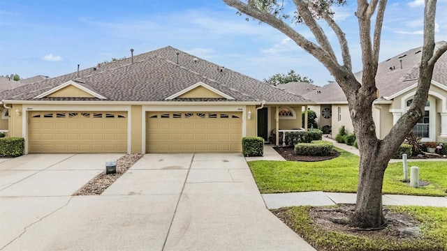 19351 Haskell Pl, Land O Lakes, FL 34638 - single story home featuring an attached garage, driveway, stucco siding, a front lawn, and roof with shingles