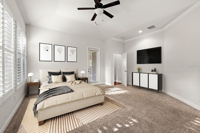 1304 Lorea Ln, Brandon, FL 33511 - carpeted bedroom with multiple windows, ornamental molding, ceiling fan, and recessed lighting