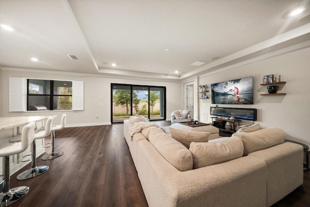 2516 Cobalt Shores Ln, Clearwater, FL 33761 - living area with dark wood-type flooring, recessed lighting, and a tray ceiling