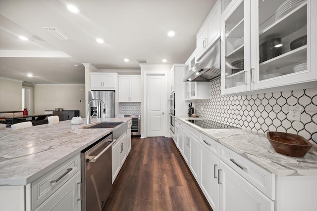 2516 Cobalt Shores Ln, Clearwater, FL 33761 - kitchen with ornamental molding, stainless steel appliances, white cabinets, tasteful backsplash, and under cabinet range hood