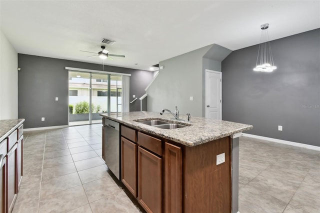 10409 Orchid Mist Ct, Riverview, FL 33578 - kitchen featuring stainless steel dishwasher, a ceiling fan, a center island with sink, light stone counters, and pendant lighting