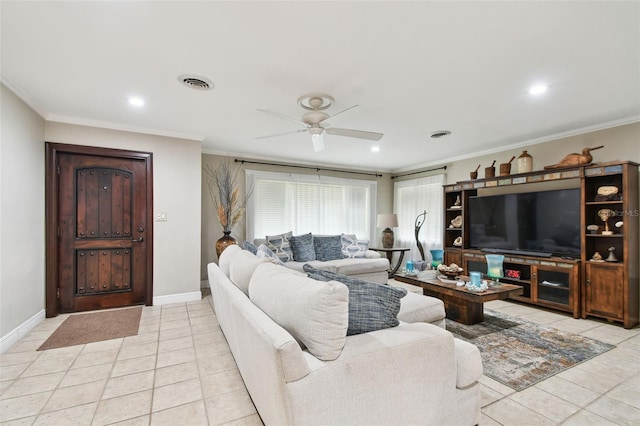 1020 Charles St, Clearwater, FL 33755 - living room featuring ceiling fan, light tile patterned floors, crown molding, and recessed lighting