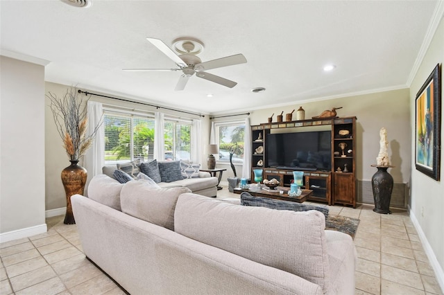 1020 Charles St, Clearwater, FL 33755 - living area featuring ceiling fan, ornamental molding, and recessed lighting