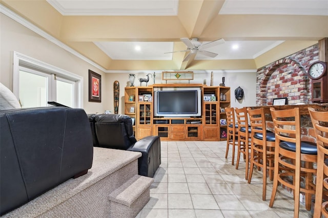 1020 Charles St, Clearwater, FL 33755 - living room featuring a ceiling fan, crown molding, and light tile patterned floors