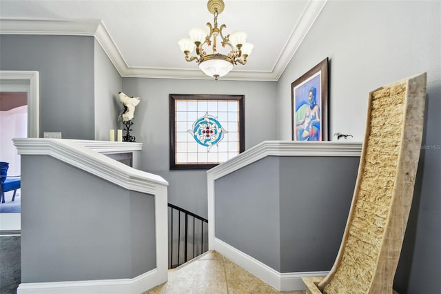 1020 Charles St, Clearwater, FL 33755 - stairs with a chandelier, ornamental molding, and tile patterned floors