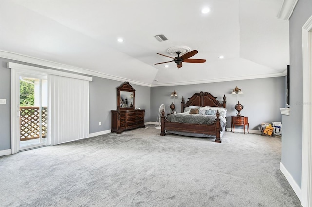 1020 Charles St, Clearwater, FL 33755 - bedroom featuring carpet floors, access to exterior, vaulted ceiling, crown molding, and recessed lighting