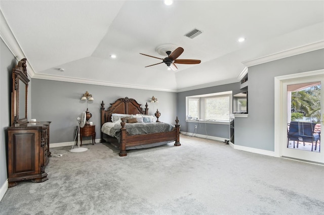 1020 Charles St, Clearwater, FL 33755 - carpeted bedroom featuring multiple windows, crown molding, recessed lighting, a raised ceiling, and a ceiling fan