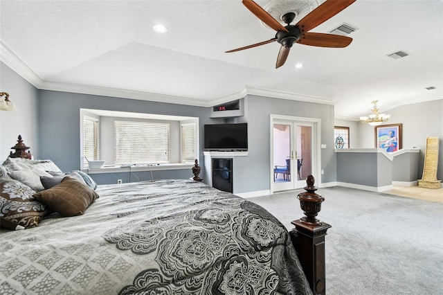 1020 Charles St, Clearwater, FL 33755 - bedroom featuring ornamental molding, multiple windows, carpet flooring, a chandelier, and ceiling fan