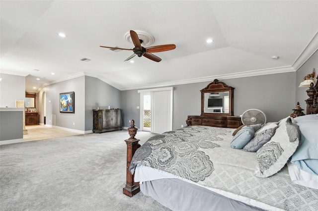 1020 Charles St, Clearwater, FL 33755 - bedroom featuring crown molding, light colored carpet, recessed lighting, vaulted ceiling, and a ceiling fan