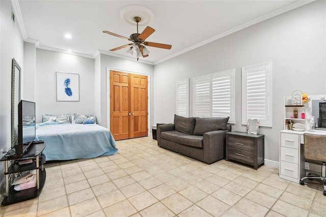 1020 Charles St, Clearwater, FL 33755 - bedroom with ornamental molding, an office area, light tile patterned floors, ceiling fan, and recessed lighting