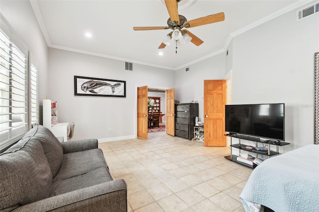1020 Charles St, Clearwater, FL 33755 - bedroom with crown molding, light tile patterned floors, a ceiling fan, and recessed lighting