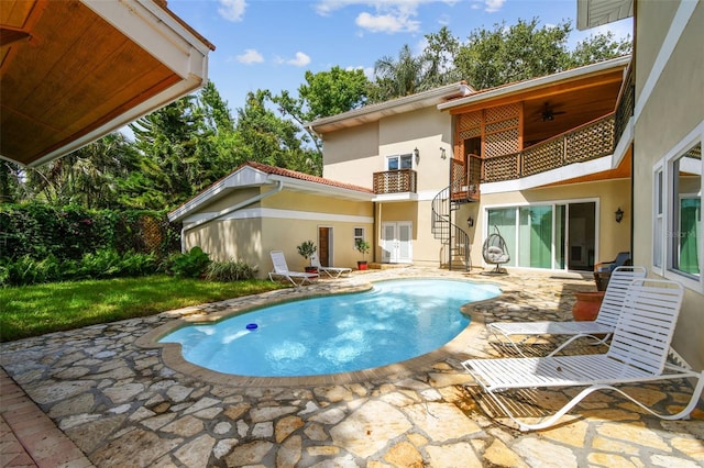 1020 Charles St, Clearwater, FL 33755 - outdoor pool with a patio area, a ceiling fan, and stairs