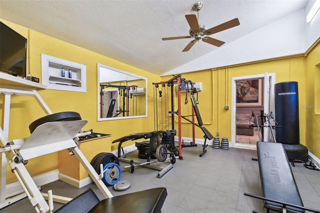 1020 Charles St, Clearwater, FL 33755 - exercise room featuring a ceiling fan, vaulted ceiling, and a textured ceiling
