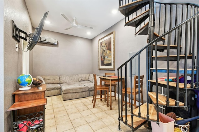1020 Charles St, Clearwater, FL 33755 - living area with stairway, ceiling fan, and tile patterned floors