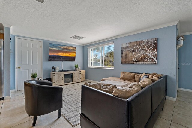 3823 Sail Dr, New Port Richey, FL 34652 - living room with crown molding, a textured ceiling, and light tile patterned flooring