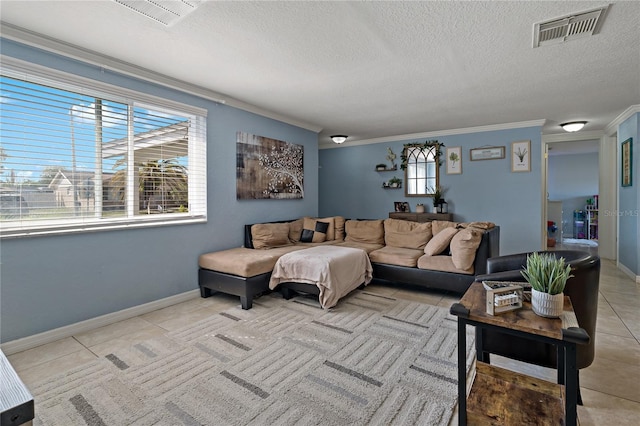3823 Sail Dr, New Port Richey, FL 34652 - living area with tile patterned flooring, a textured ceiling, and ornamental molding