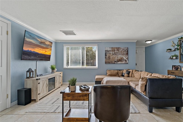 3823 Sail Dr, New Port Richey, FL 34652 - living room featuring crown molding, light tile patterned flooring, and a textured ceiling