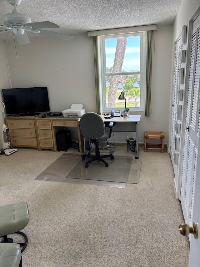 7401 Bay Island Dr S Unit 338, South Pasadena, FL 33707 - office with light colored carpet, a ceiling fan, and a textured ceiling