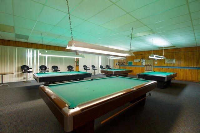7401 Bay Island Dr S Unit 338, South Pasadena, FL 33707 - playroom featuring billiards table, carpet, wood walls, and a drop ceiling