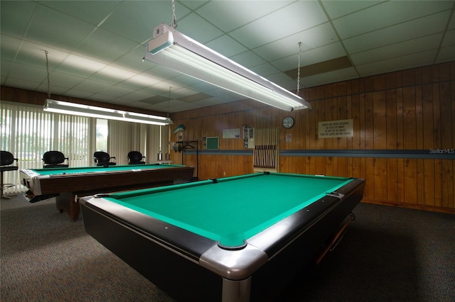 7401 Bay Island Dr S Unit 338, South Pasadena, FL 33707 - game room with carpet, a paneled ceiling, billiards table, and wooden walls