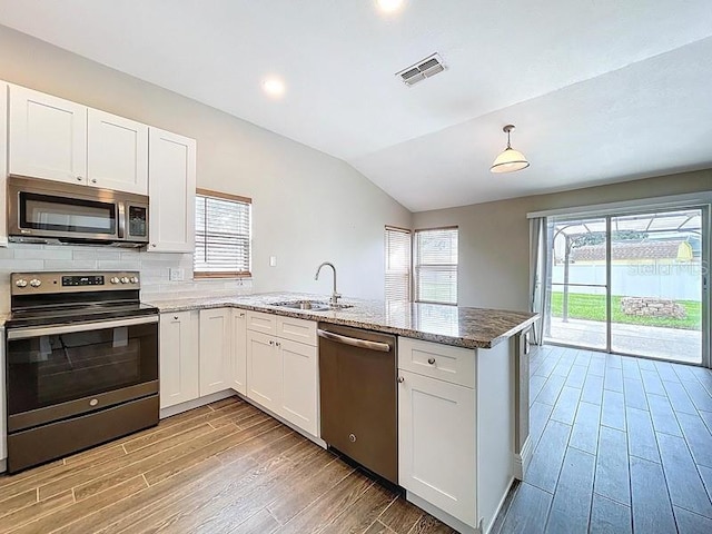 2049 Darlington Oak Dr, Seffner, FL 33584 - kitchen featuring stainless steel appliances, a peninsula, light wood-type flooring, lofted ceiling, and white cabinetry