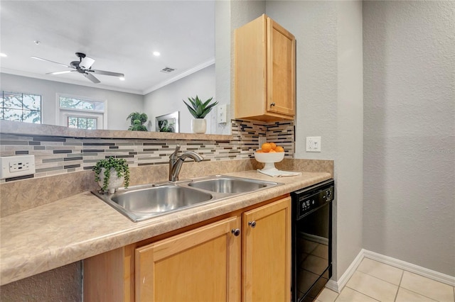 5000 Culbreath Key Way Unit 8-106, Tampa, FL 33611 - kitchen featuring black dishwasher, tasteful backsplash, crown molding, light tile patterned floors, and ceiling fan