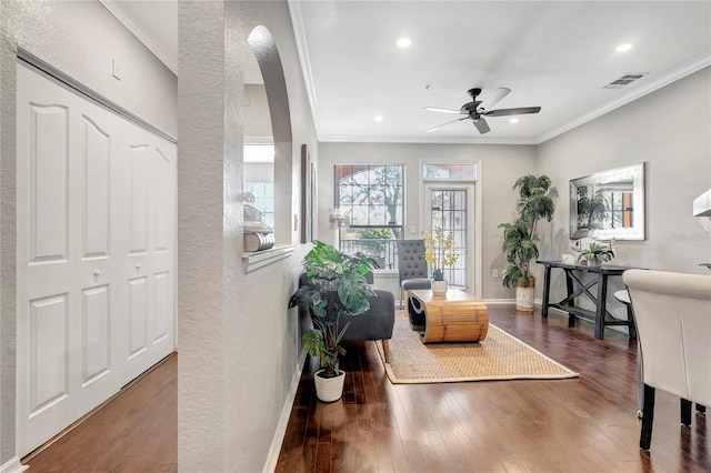 5000 Culbreath Key Way Unit 8-106, Tampa, FL 33611 - living area featuring ornamental molding, ceiling fan, wood finished floors, a textured wall, and recessed lighting