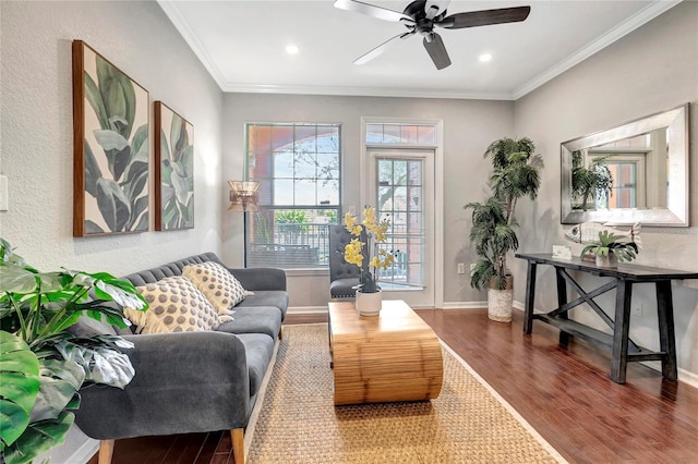 5000 Culbreath Key Way Unit 8-106, Tampa, FL 33611 - living room with wood finished floors, ceiling fan, ornamental molding, and recessed lighting