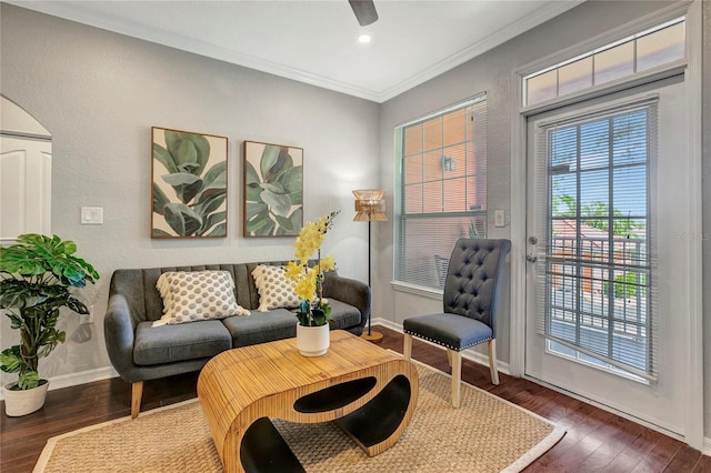 5000 Culbreath Key Way Unit 8-106, Tampa, FL 33611 - living room with wood-type flooring, crown molding, ceiling fan, recessed lighting, and arched walkways