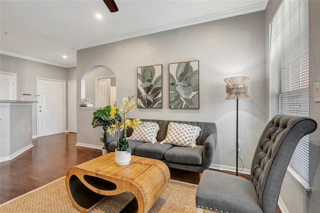 5000 Culbreath Key Way Unit 8-106, Tampa, FL 33611 - living area featuring wood finished floors, ornamental molding, recessed lighting, a ceiling fan, and arched walkways