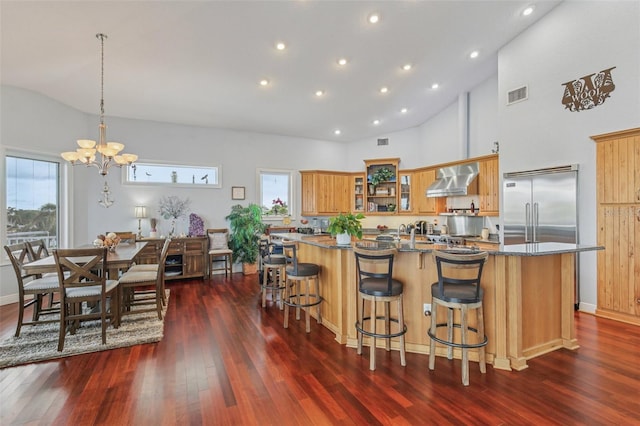 5521 Windward Way, New Port Richey, FL 34652 - kitchen featuring dark wood-style flooring, a kitchen island with sink, glass insert cabinets, a chandelier, and healthy amount of natural light
