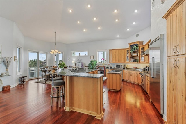 5521 Windward Way, New Port Richey, FL 34652 - kitchen featuring a large island with sink, high end appliances, dark wood-type flooring, a kitchen bar, and recessed lighting