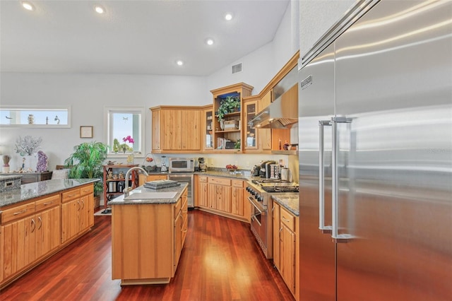 5521 Windward Way, New Port Richey, FL 34652 - kitchen featuring high end appliances, dark stone countertops, dark wood finished floors, a center island with sink, and glass insert cabinets