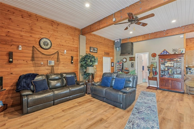 5521 Windward Way, New Port Richey, FL 34652 - living area featuring wooden walls, beam ceiling, ceiling fan, wood finished floors, and recessed lighting