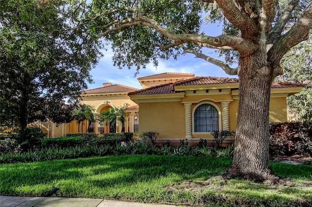 10504 Sabella Dr, Trinity, FL 34655 - mediterranean / spanish house featuring stucco siding, a tiled roof, and a front lawn